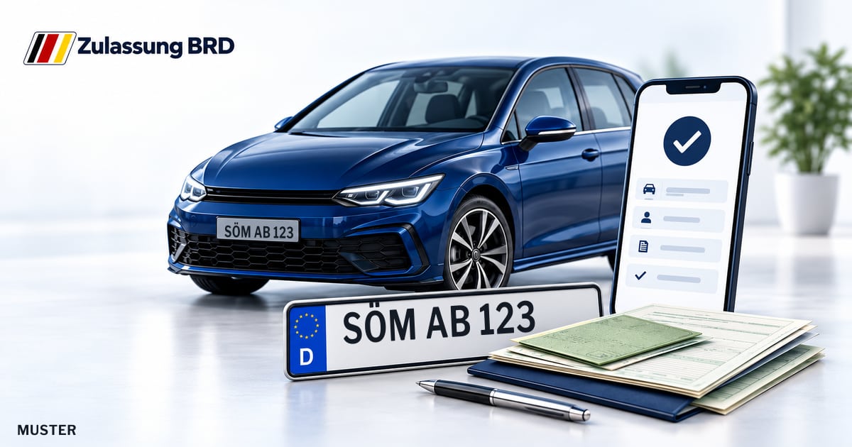 Online Fahrzeugzulassung in Sömmerda: Musterkennzeichen SÖM AB 123, Auto und Fahrzeugpapiere und Smartphone. Illustration mit Logo von Zulassung BRD.